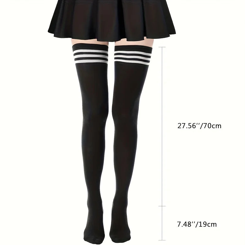 1Pair Women's Thigh High Socks For Autumn/winter Season Solid Color Three Bar Long Tube Socks