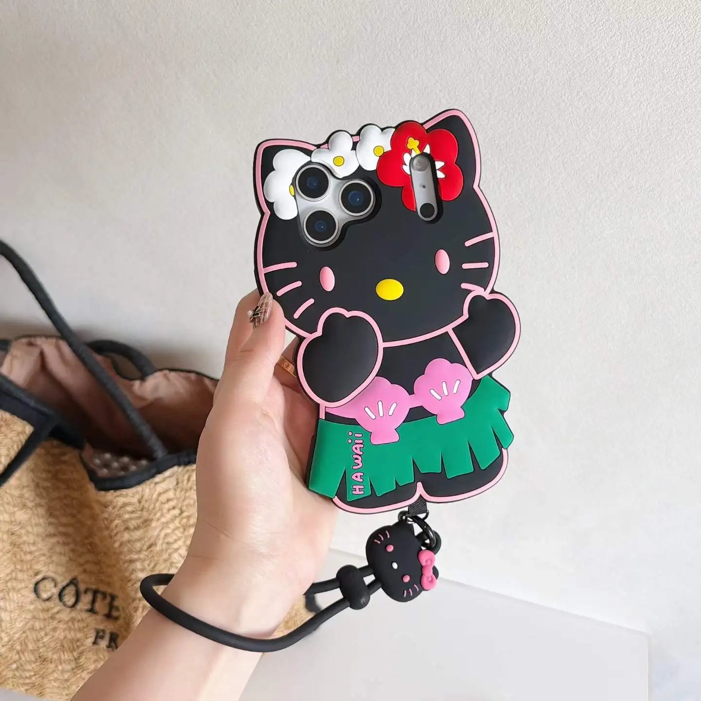 Kawaii Hello Kitty Phone Case For iPhone 17 16 15 14 13 12 11 Pro Max Plus 17 Pro Hula Skirt Kitty Silicone Cover with Lanyard