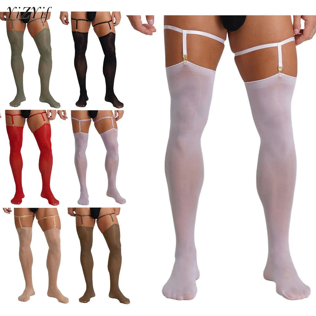 Sexy Mens Lingerie Glossy See-through Stockings with Thigh Bands Glossy Sheer Stretchy Thigh High Socks Sissy Stockings