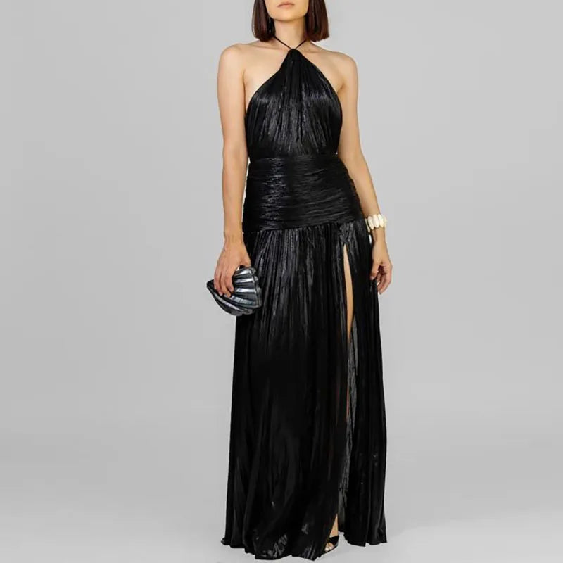 Gold Sexy Halter High Split Gowns Evening Dress Woman Chic Solid Hollow Pleated Long Dress Spring Summer Backless Zip Maxi Dress