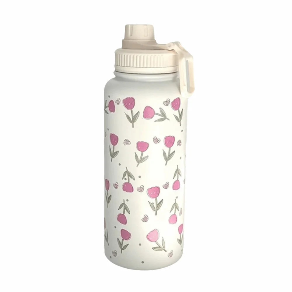 Tulip Pattern Insulated Water Bottle Vacuum Sealed Durable Tumbler Water Cup Eco-Friendly with Handle