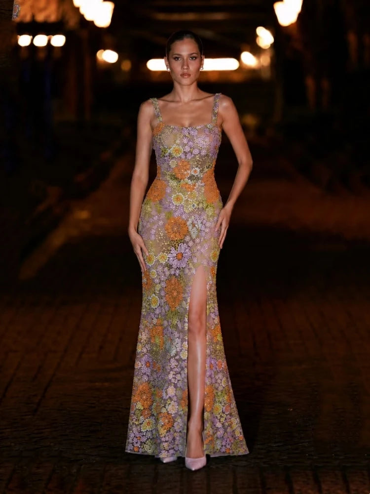 Sexy Spaghetti Strap Sparkling Sequin Floral Maxi Dress Women Sleeveless Embroidery Sequins Split Dresses Evening Party Gowns
