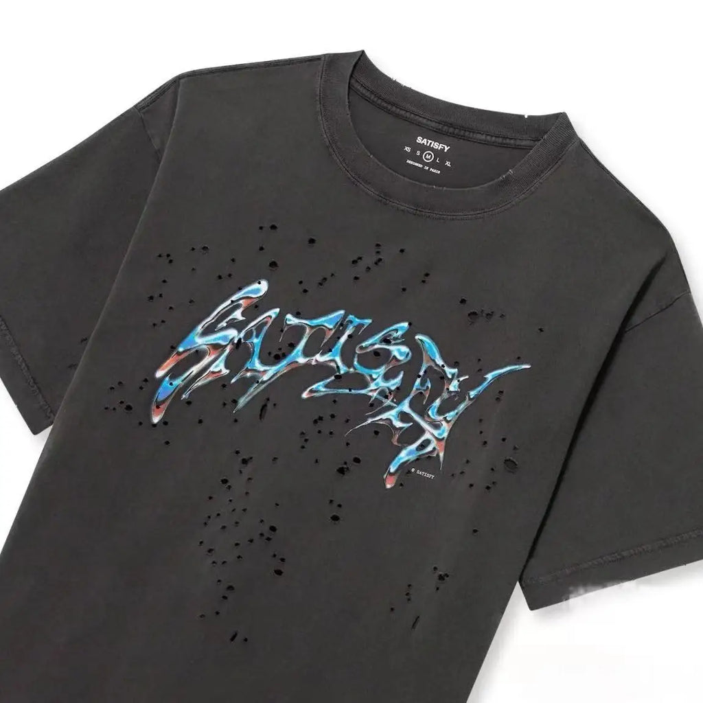 Fashionable round Neck Short Sleeve T-Shirt with Splashed Ink Print And Hole Design from SATISFY Retro Streetwear Brand