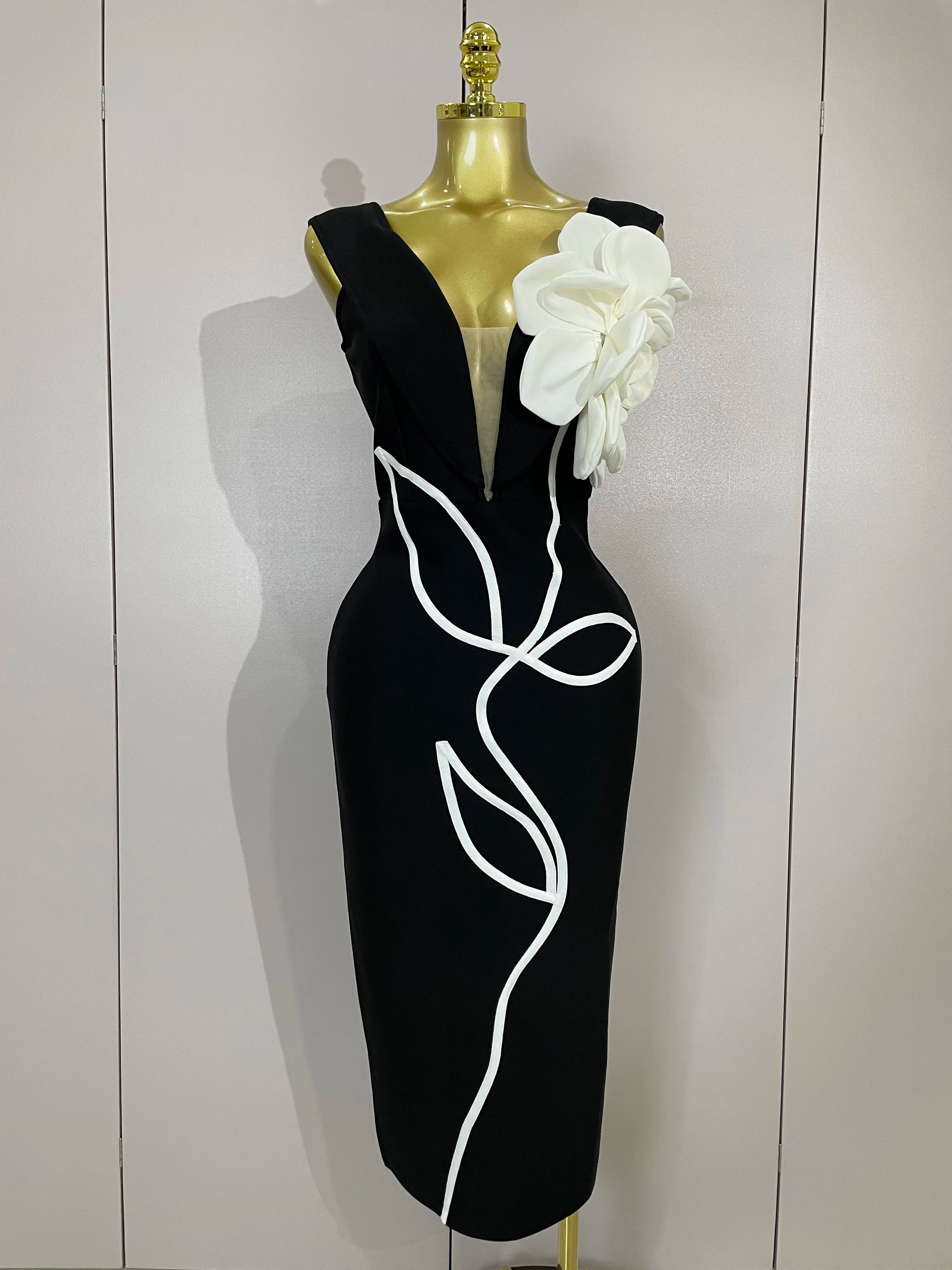 Sexy Off Shoulder White Flower Black Red Bodycon Bandage Long Dress Women Luxury Celebrity Evening Club Elegant Party Gowns