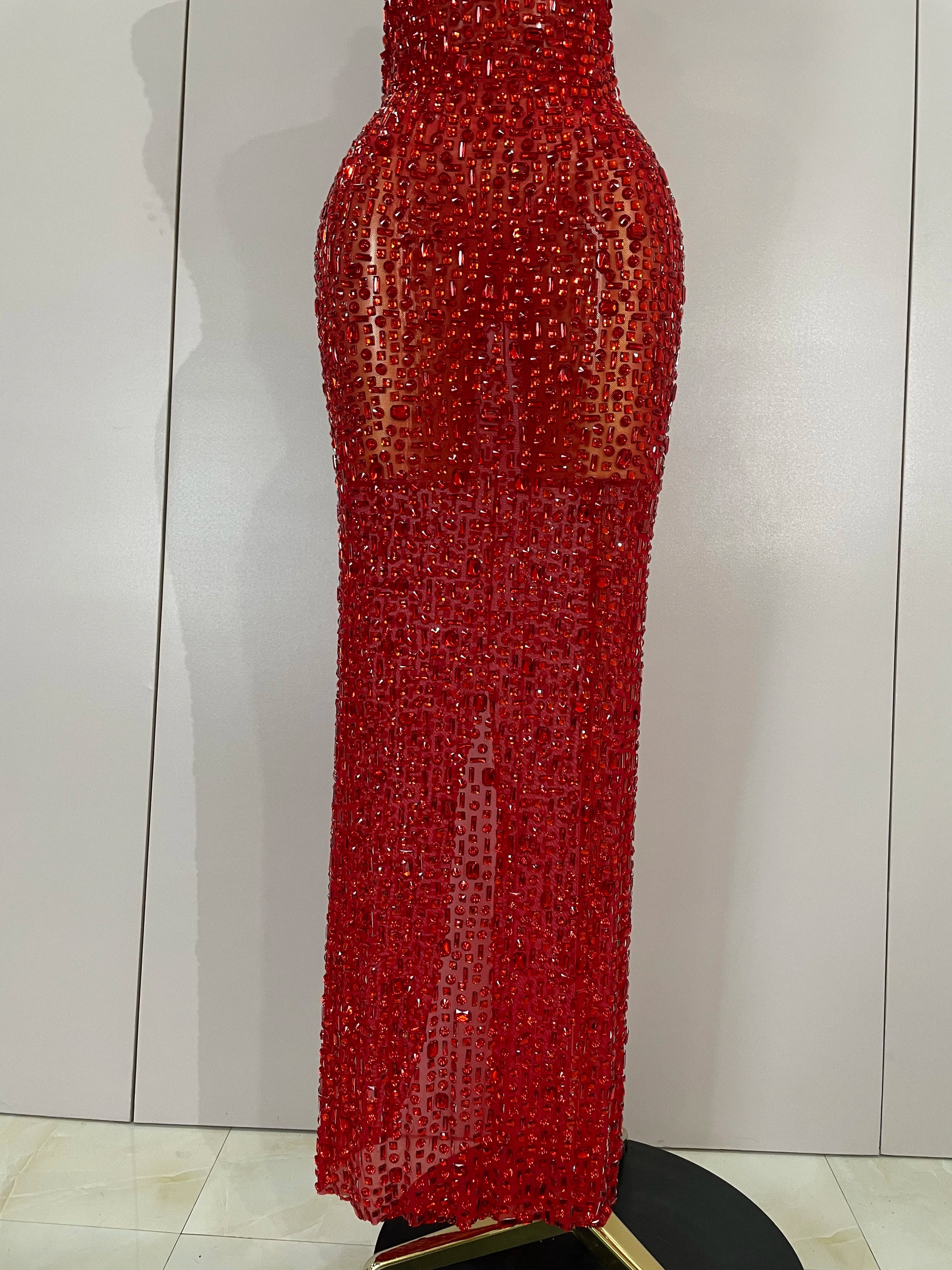 Luxury Sparkly Diamonds Red Sexy Mesh See Through Long Dress Women Eveing Celebrate Birthday Dress Wedding Singer Stage Costume