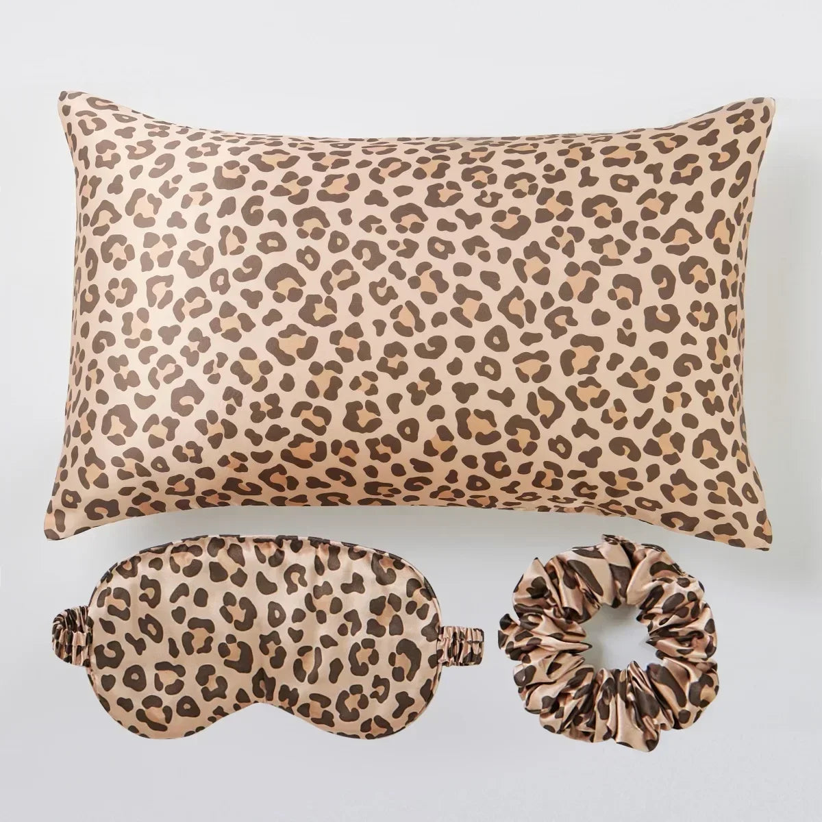 4-Piece Leopard Satin Pillowcase, Eye Mask & Scrunchie Set