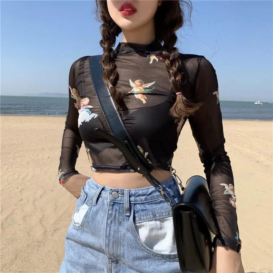 Sexy T-Shirt for Women See Through Transparent Mesh Tops Long Sleeve Sheer Slim Female clothing Fashion woman blouse 2023