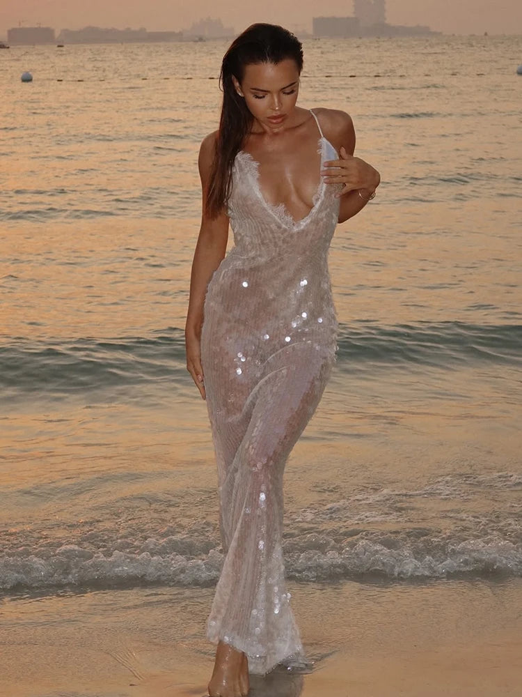 Sexy Sequin Mesh Long Dress Women Shiny Spaghetti Strap Deep V Neck See Through Bodycon Dresses 2026 Lady Holiday Beach Cover Up