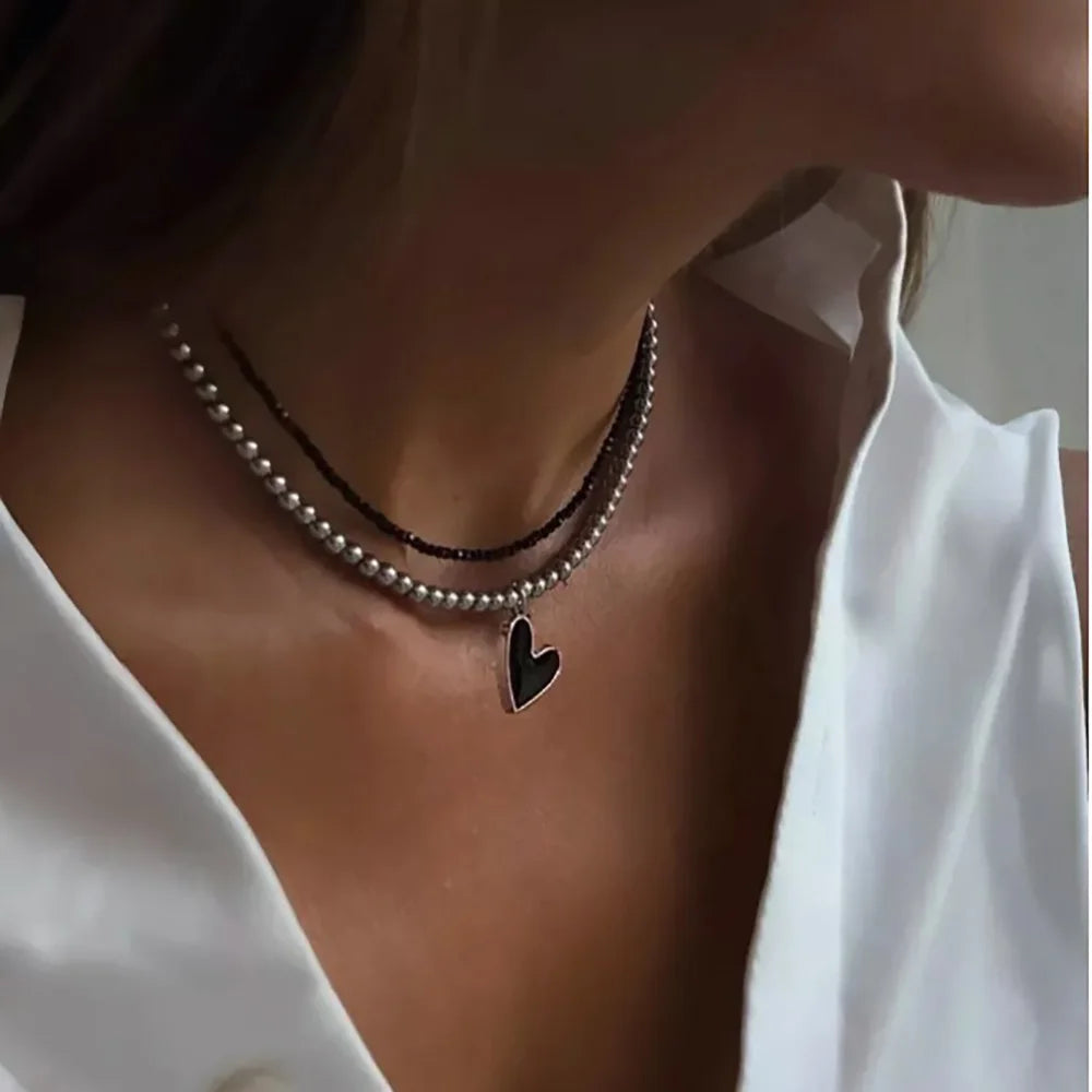 2-Piece Heart Bead Choker Necklace Set