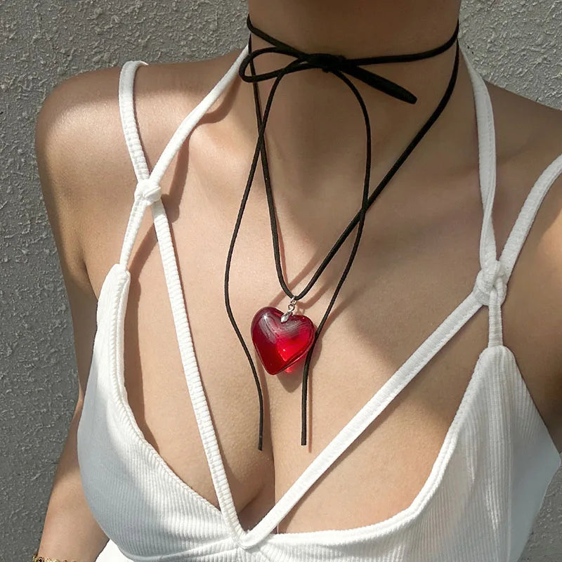Y2K Red & Pink Heart Pendant Necklace