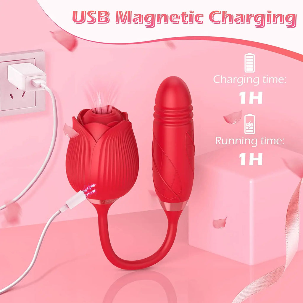 Rose Sex Toy Dildo Vibrator 3In1 Rose Sex Stimulator for Women with 10 Sucking And Thrusting Dildo G Spot Vibrators
