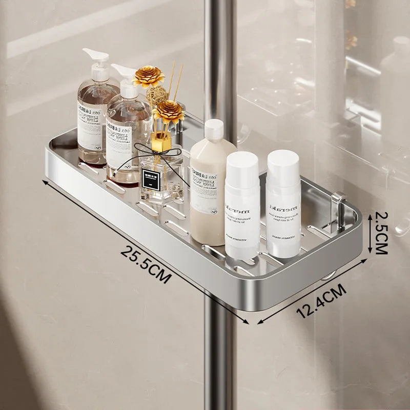 No-Drill Shower Rod Shampoo Storage Shelf