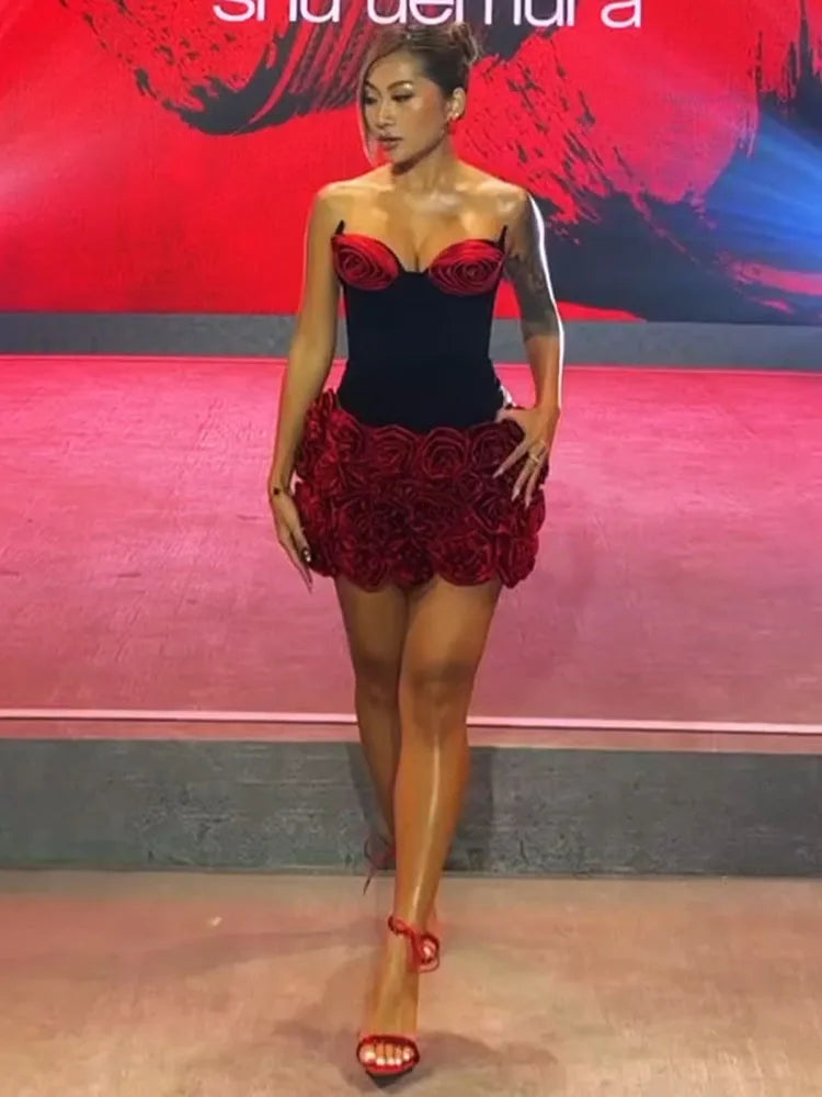 Sexy Two Pieces Set Black Strapless Corset Top with Red Rose Details & Rose - Embellished Mini Skirt Set-Evening & Party Outfit