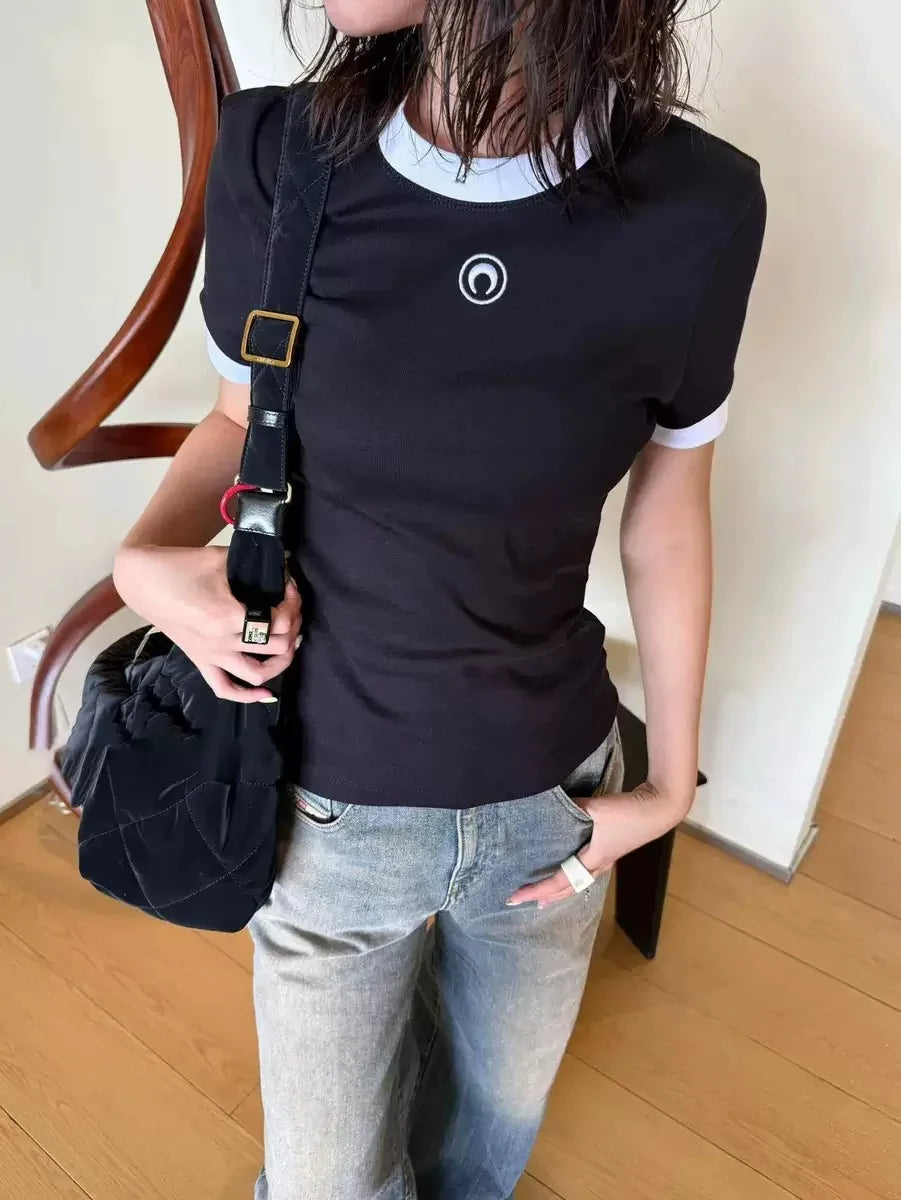 Embroidered Moon Tshirt Women Summer Short Sleeve Round Neck Color Contrast Casual Streetwear Versatile New High Street Tops