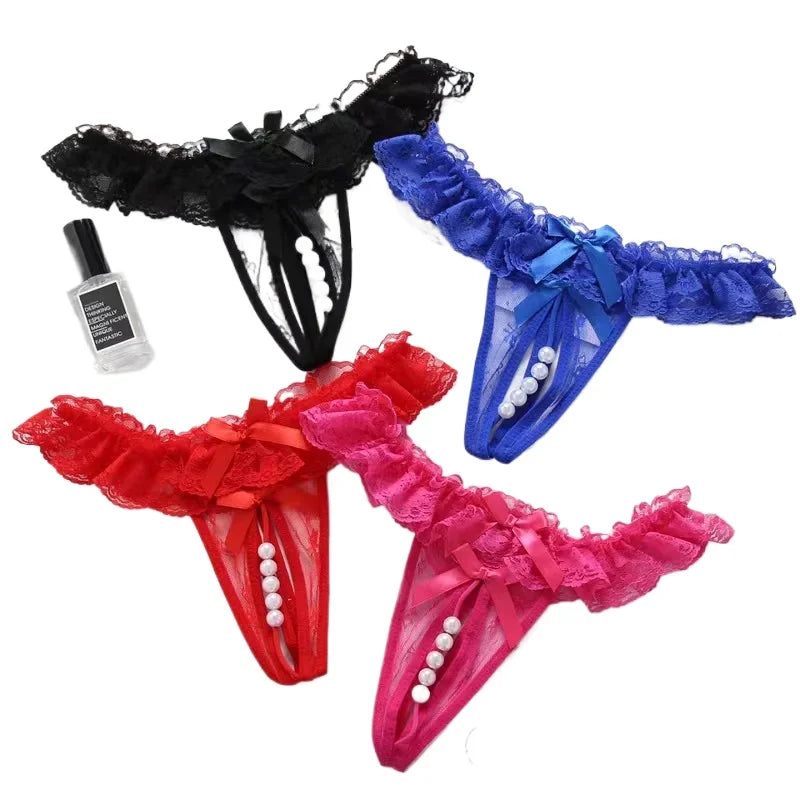 Sexy Panties for Hot Sex Women's Massage Bead Bow Chain Thong Soft Lace Crothless Lingerie Tie Low Waist Hollow G-string Thongs