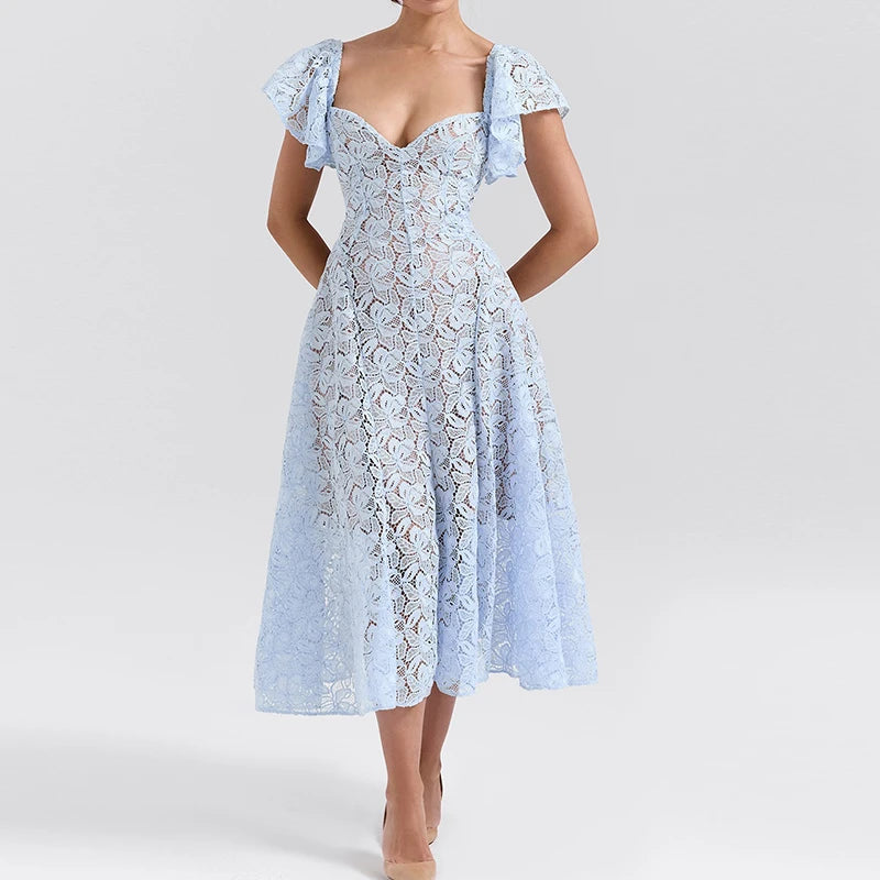 Sexy V Neck Butterfly Sleeve Evening Dress Women Elegant High Waist Solid A-Line Dress Fashion Embroidery Hollow Out Long Dress