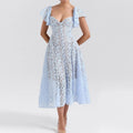 Sexy V Neck Butterfly Sleeve Evening Dress Women Elegant High Waist Solid A-Line Dress Fashion Embroidery Hollow Out Long Dress