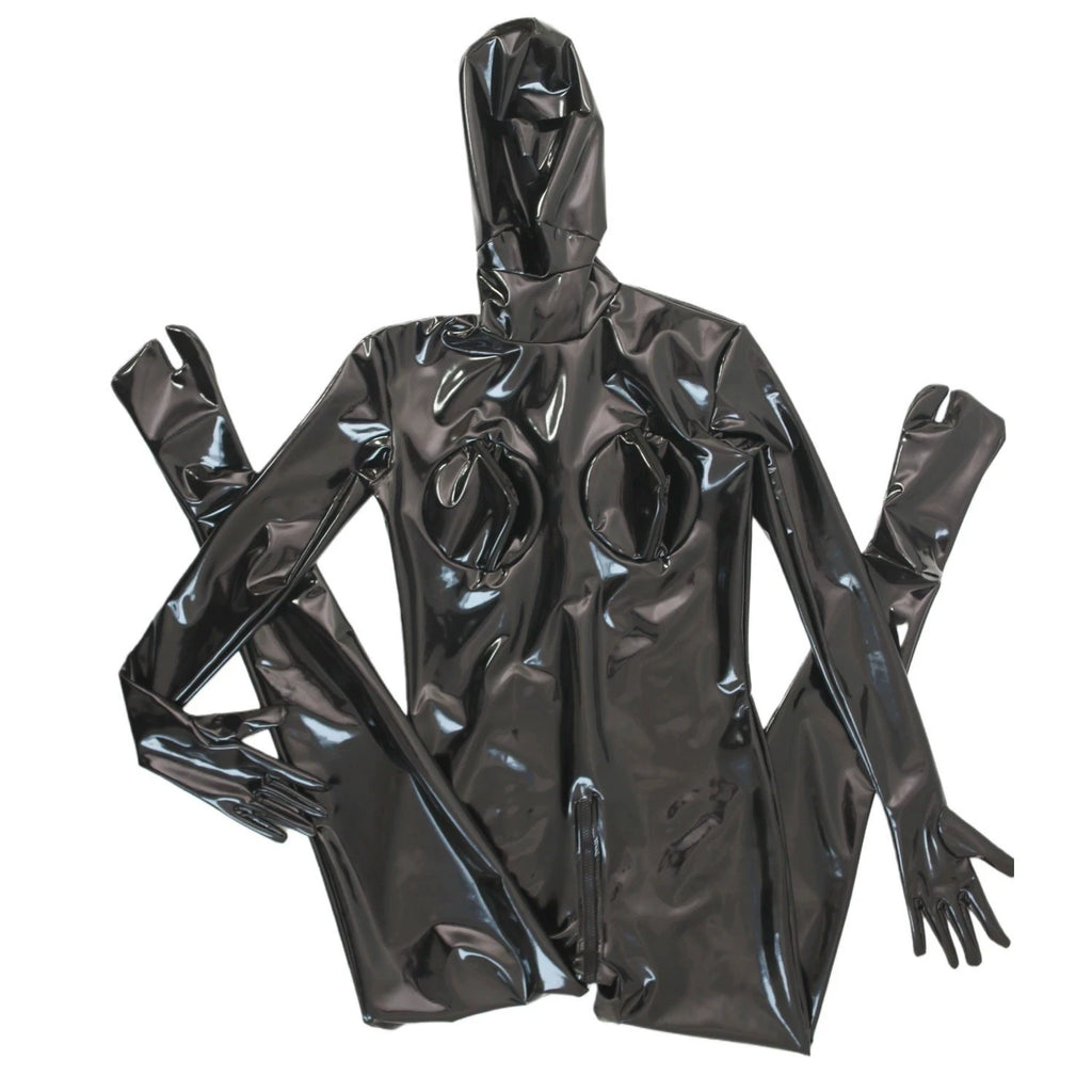 Sexy Cosplay Maid Full Bodysuit Latex Elasitc Sexy Tight PU Faux Leather Oil Shiny Catsuit Bodycon Glove Sleeve Jumpsuit