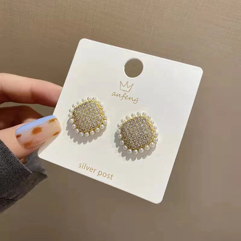 Square Pearl & Crystal Heart Stud Earrings
