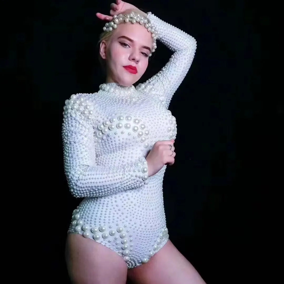Women's White Pearl Tassel Rhinestone Stage Jumpsuit