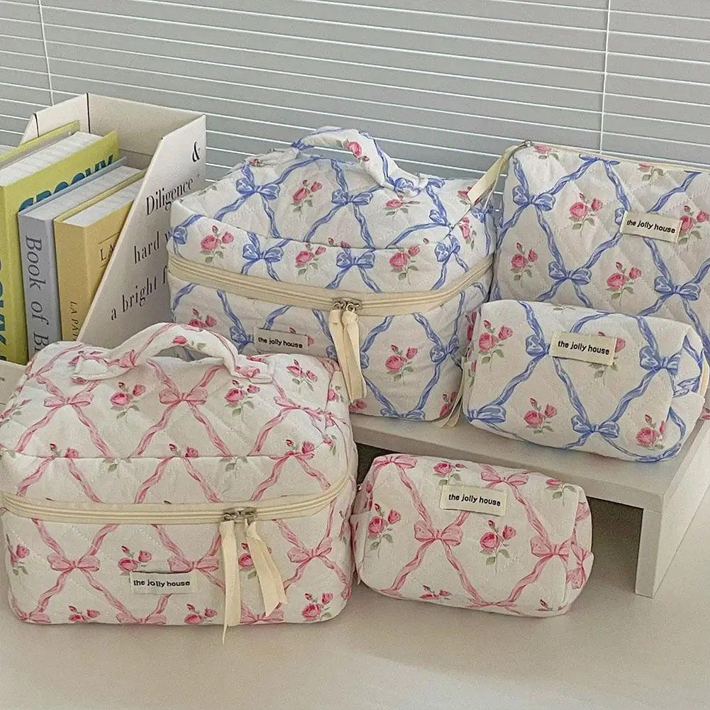 Quilted Bow Floral Makeup Bag