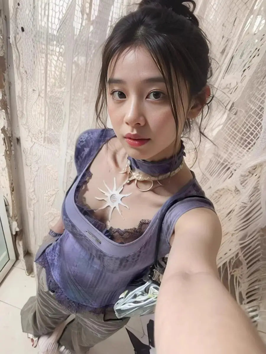 Lace Square-Neck Y2K Short-Sleeve Crop Top