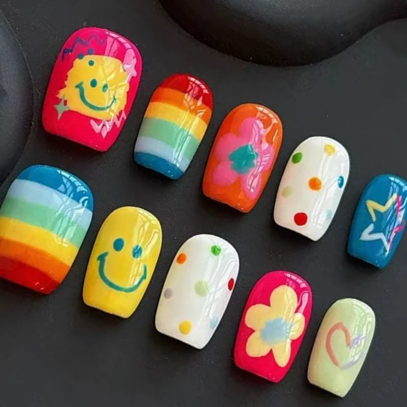 30Pcs Fake Nails Fun Cute Short-Style Press-On Nails with A Dopamine-Inspired Design—High-Quality Nails Perfect for Girls