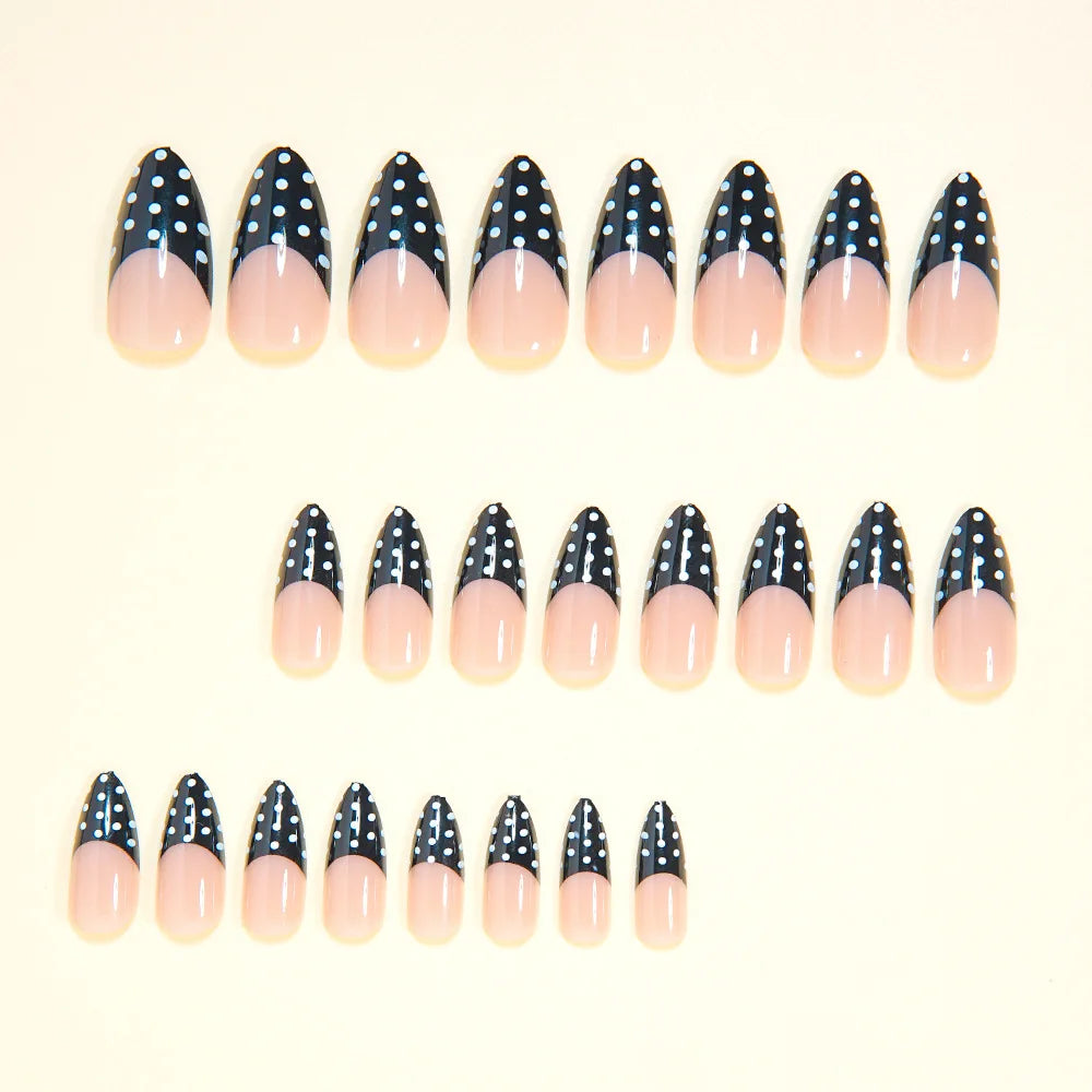 Medium Fake Nails for Women Girls Nude Black White French Almond Nail Tips with Polka Dots Design Full Cover Press On False Nail