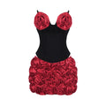 Sexy Two Pieces Set Black Strapless Corset Top with Red Rose Details & Rose - Embellished Mini Skirt Set-Evening & Party Outfit