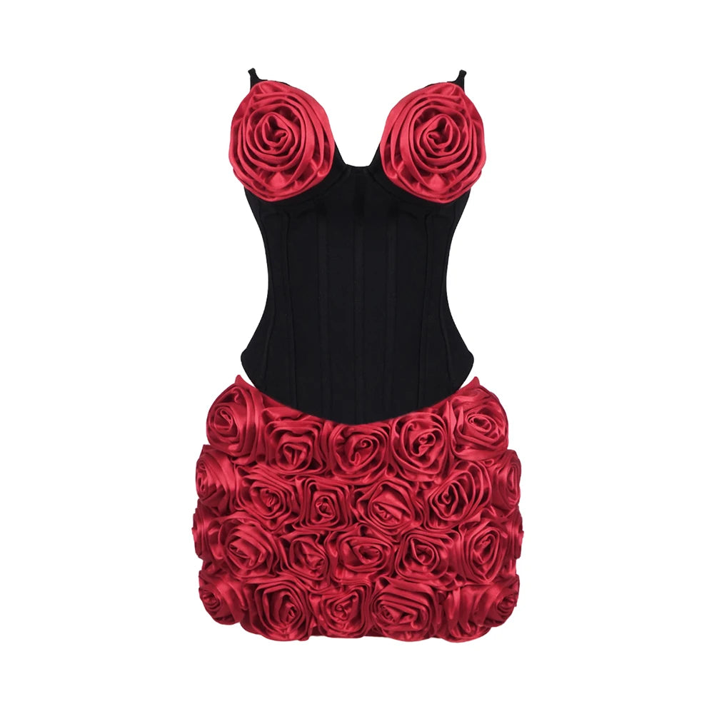 Sexy Two Pieces Set Black Strapless Corset Top with Red Rose Details & Rose - Embellished Mini Skirt Set-Evening & Party Outfit