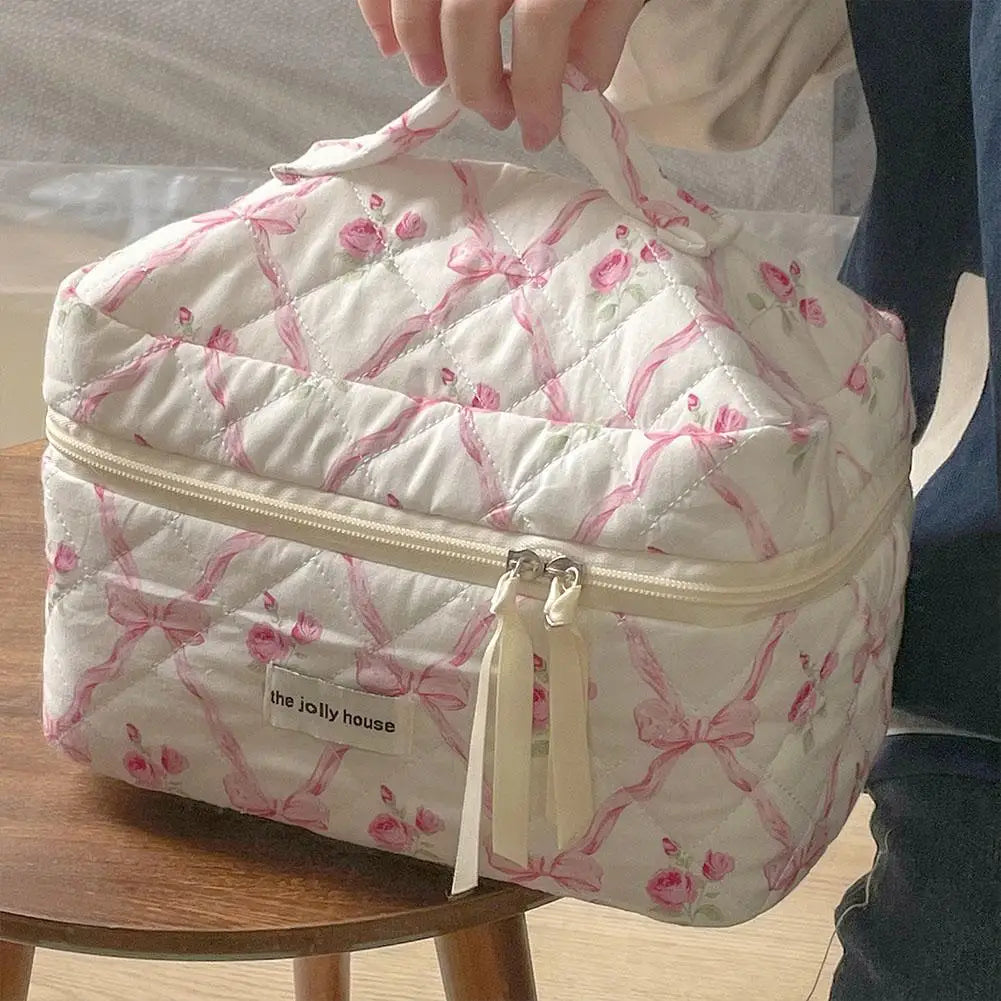 Quilted Bow Floral Makeup Bag