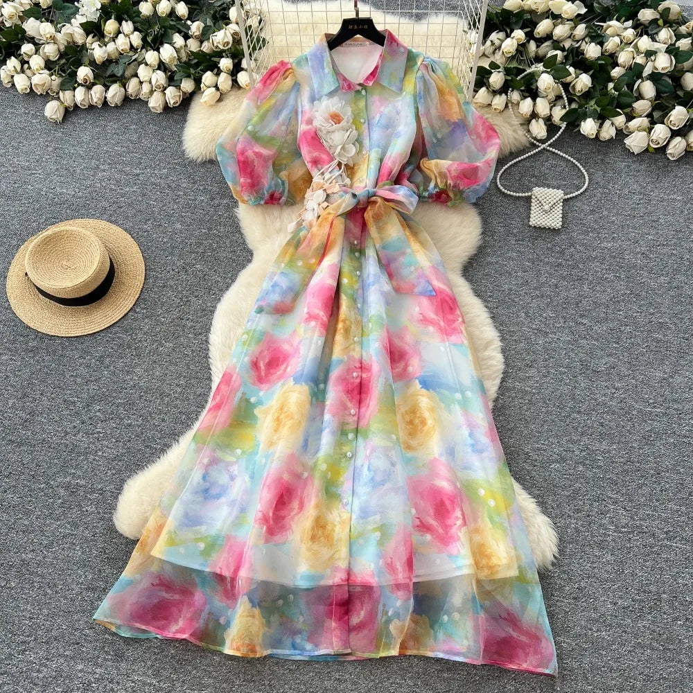 Chic vintage Sexy print mesh Spliced Fairy Summer  Women Boho Sundress women clothing Long dress