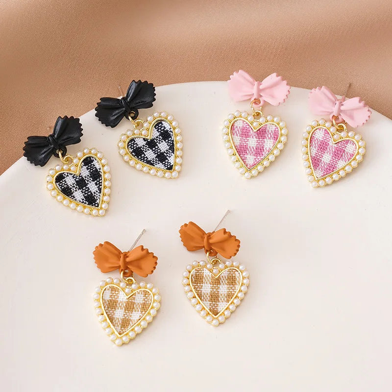 Pink Bow & Plaid Heart Drop Earrings