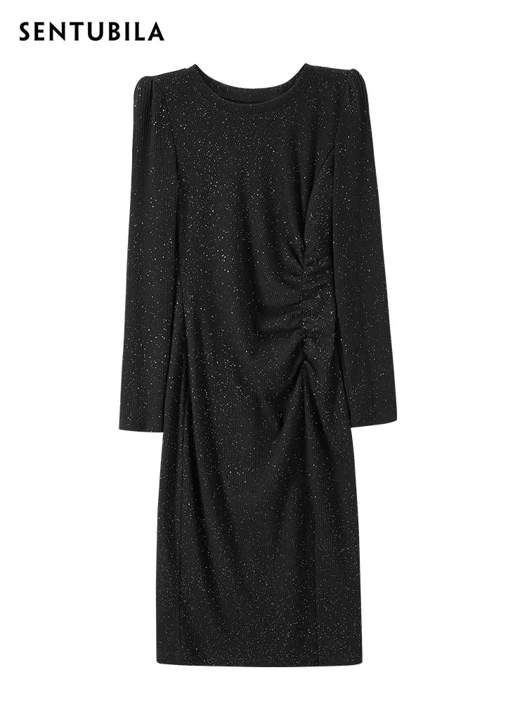 SENTUBILA Black Sequin Bodycon Dress for Women 2026 Autumn Elegant Lady Sexy Split Knitted Birthday Dress Luxury 143L56650X