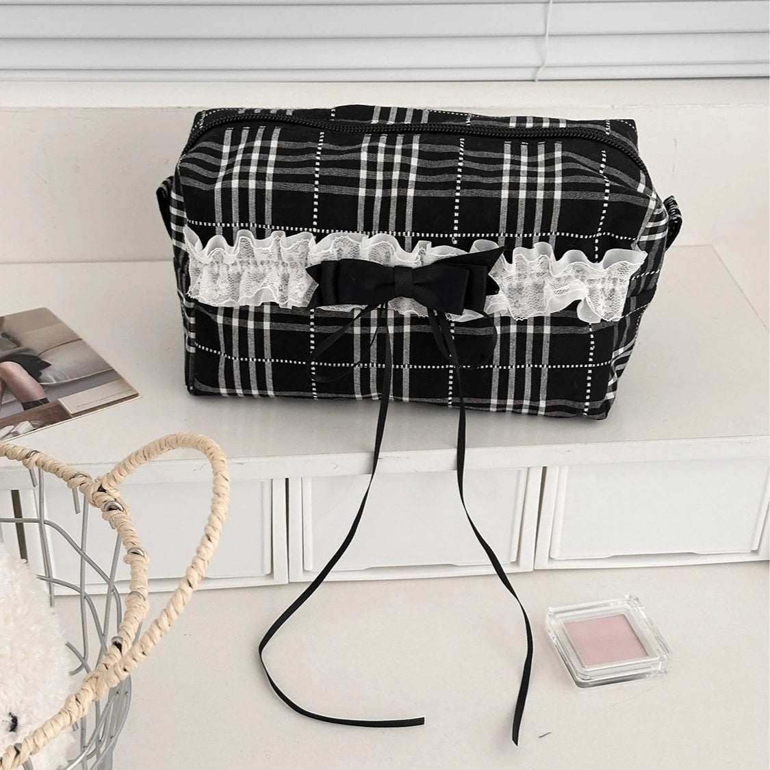 Lace Bow Canvas Makeup Bag