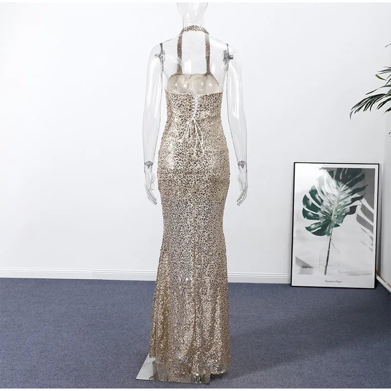 Sexy Sequin Halter Long Dress Women Slim Sleeveless Square Collar Solid Evening Robe Female 2026 Summer Autumn Dresses New