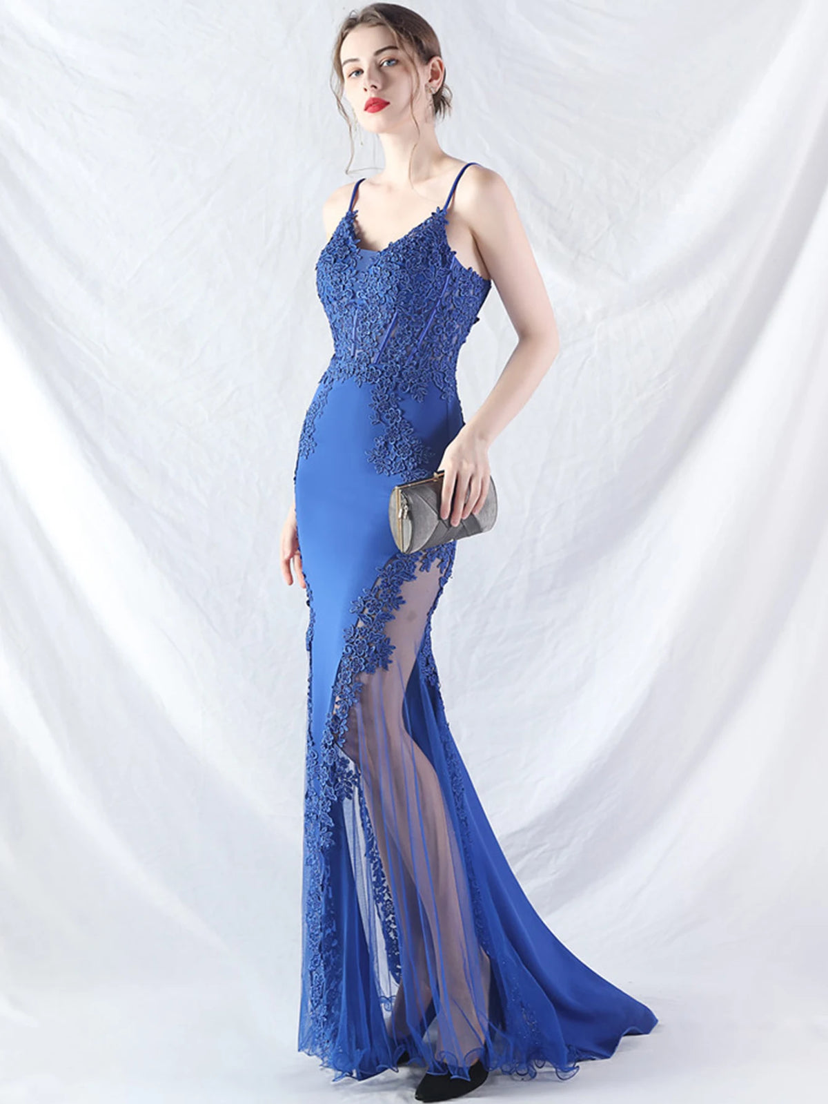 Women's Sheer Lace Mesh Maxi Evening Dress