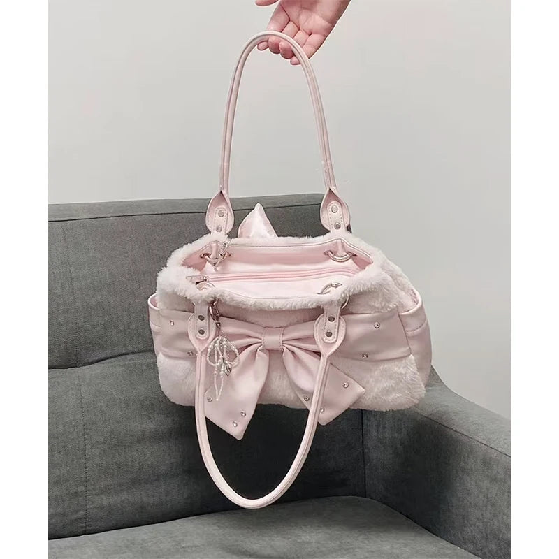 Plush Pink Bow Shoulder Bag