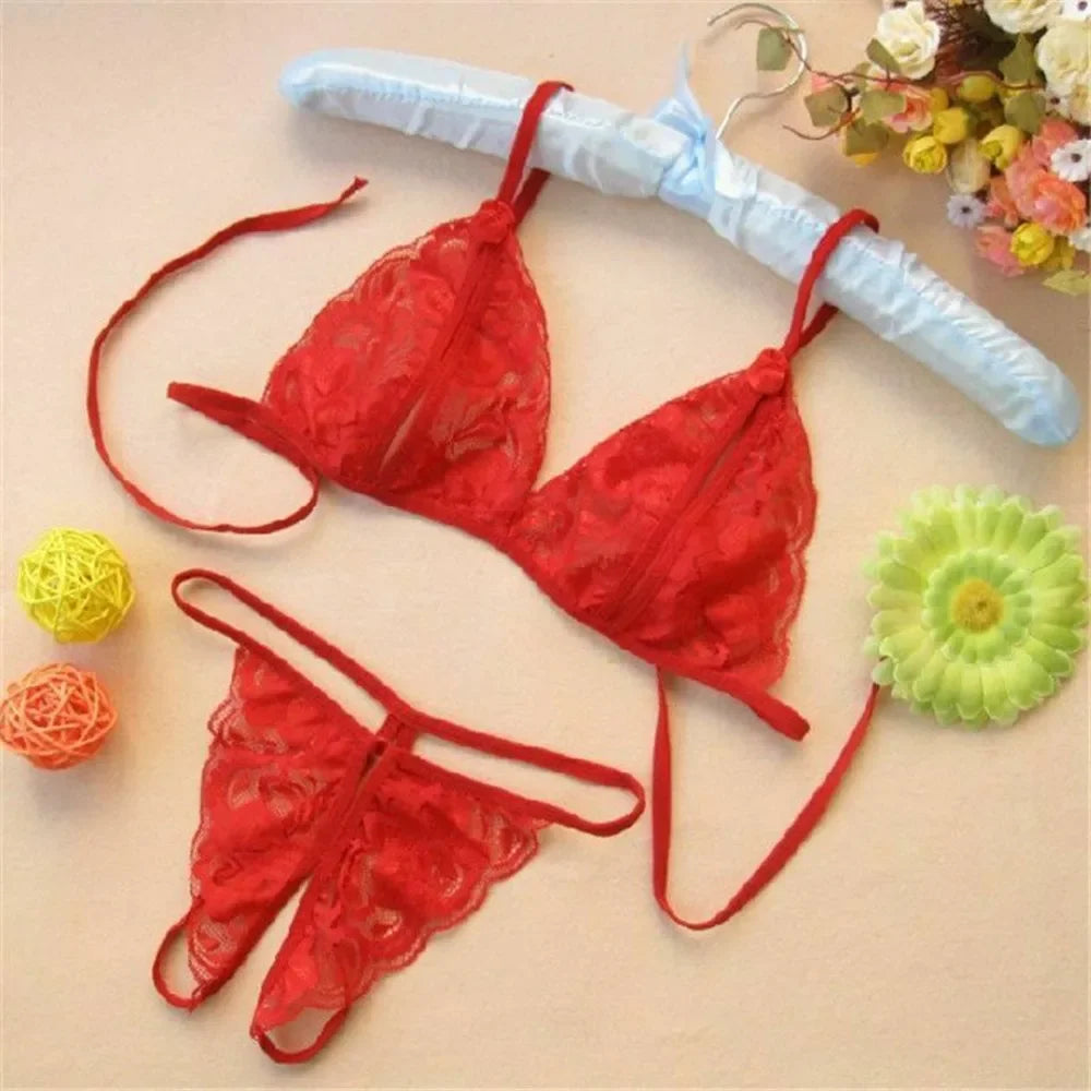Sexy Women Lady Lingerie see through Lace Underwear Sleepwear lace up bra +Open Crotch G-string Erotic set For Woman Нижнее Бель