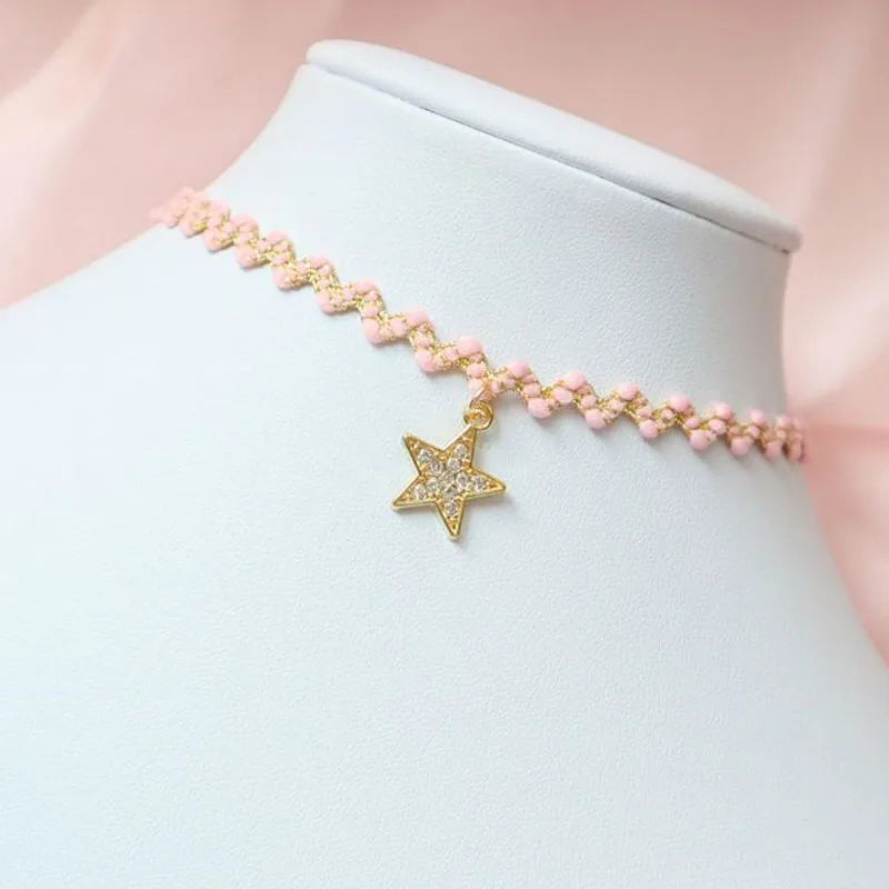 Pink Star, Bow & Bear Lace Choker Necklace