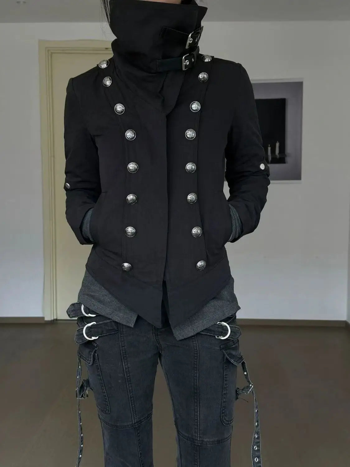 Vintage Harajuku Korean Gothic Womens Hooded Black Jacket Loose Fur Collar Coat Subcultural Youth Casual Street Daily Outfit