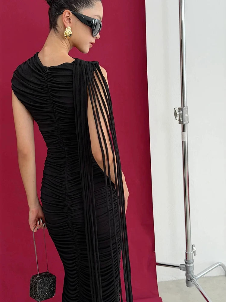 Sexy O Neck Pleated Tassel Patchwork Long Dress Women Black Sleeveless Folds Bodycon Dresses Evening Party Cocktail Gowns