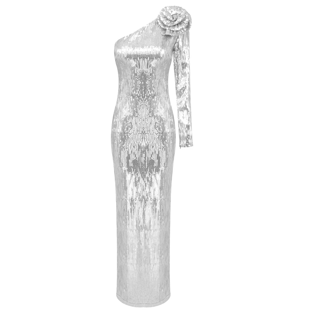 PB Sexy Silver One Shoulder Sequin Long Dress with 3D Structured Flower Slim Elegant Club Party Evening Gowns Vestidos