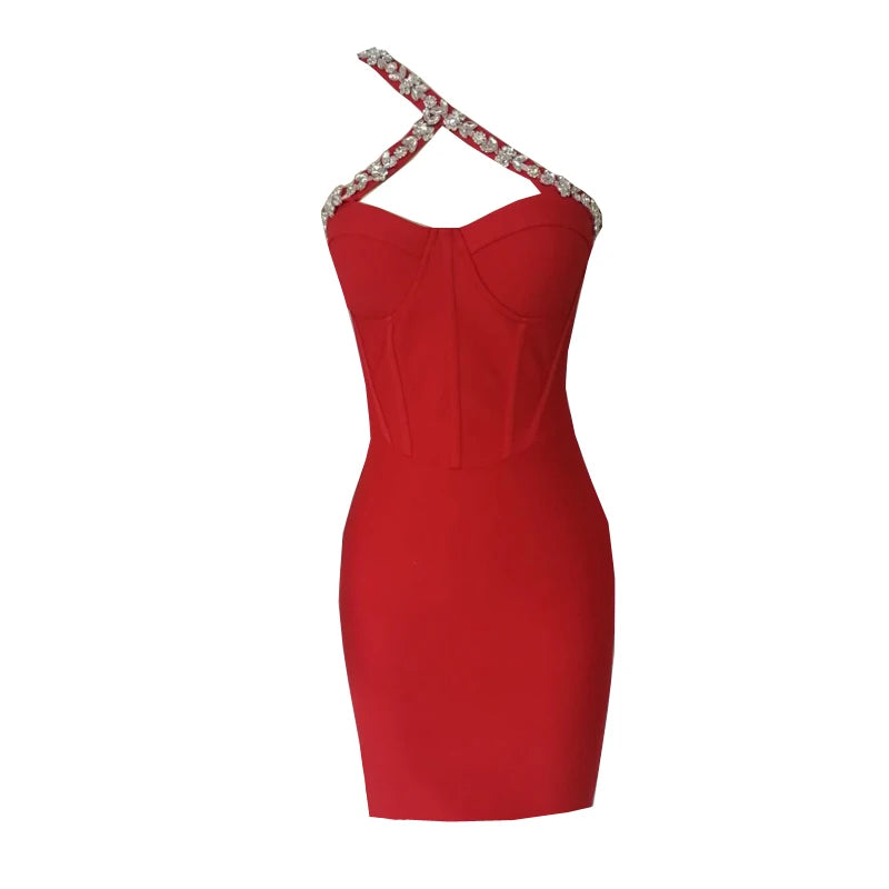 2025New Sexy Women Mini Bandage Dress One Shoulder Collar Rhinestone Decorated Shoulder Strap Bodycon Dresses Party Vestido