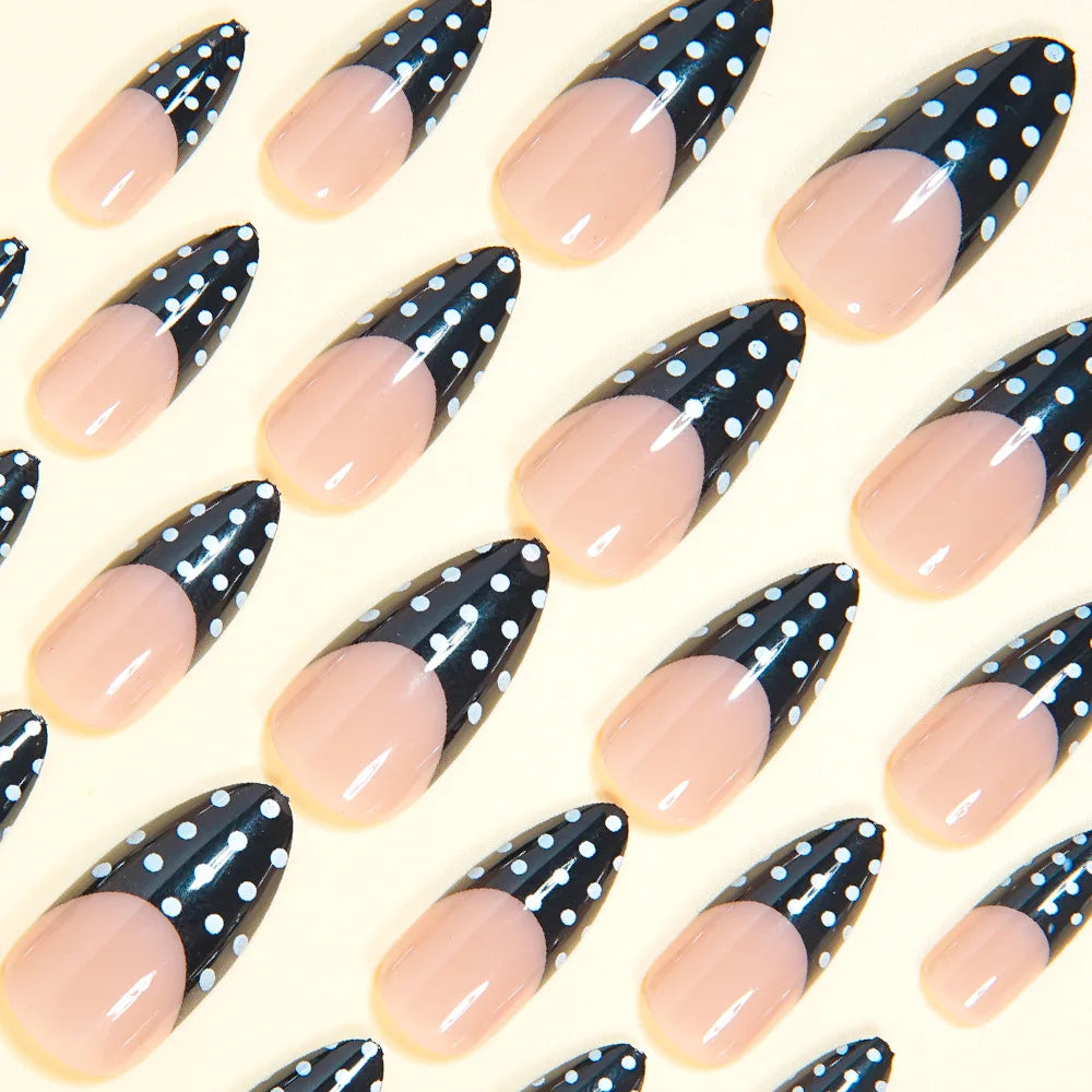 Medium Fake Nails for Women Girls Nude Black White French Almond Nail Tips with Polka Dots Design Full Cover Press On False Nail