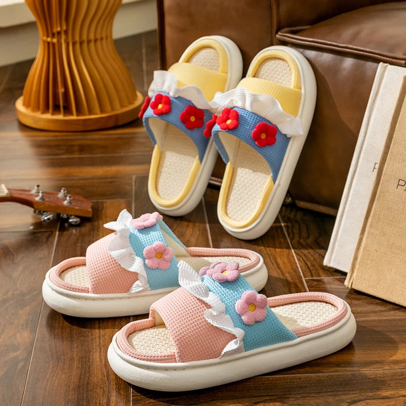 Platform Slippers Women Home Cartoon Cute Flower Designer Shoes Girls Casual House Cotton Linen Slides Flats Indoor Open Toe