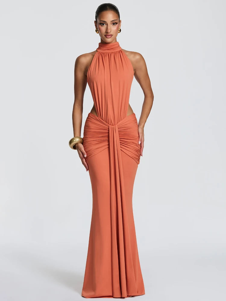 Women's Backless Ruched Maxi Evening Dress