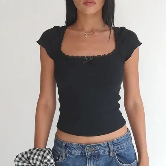 White Lace-Trim Square-Neck Milkmaid Crop Top