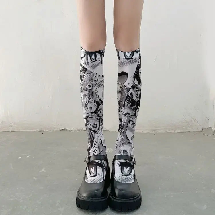 Ahegao Meme Anime Face Print Cute Kawaii Thigh High Socks Over Knee Soft Elastic Velvet Lolita Cosplay Socks Gift For Anime Fans