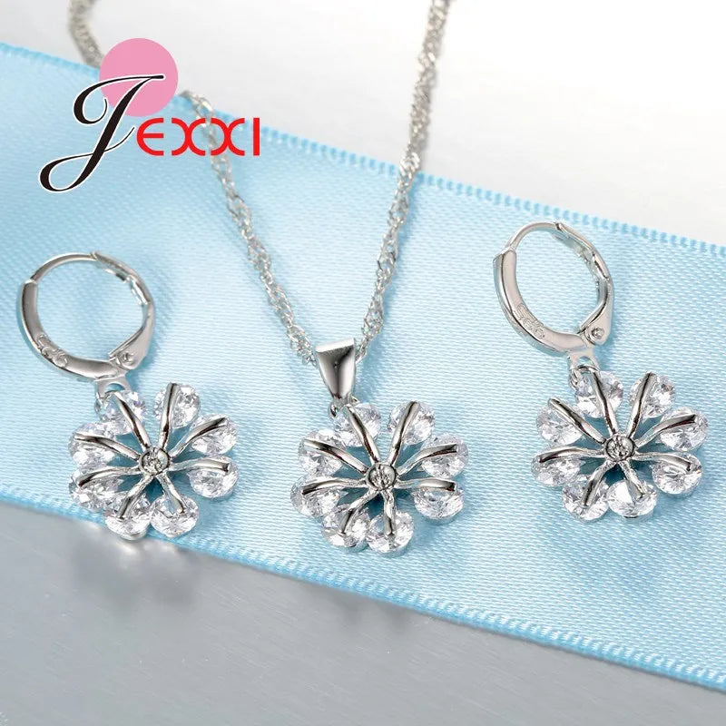 Romantic Wedding Collier Jewelry Sets 925 Sterling Silver Chain Clear Crystal Snowflake Necklace Drop Earrings Bijoux